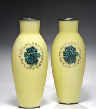 vase pair yellow blue detail