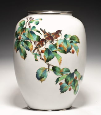 white vase with birds detail