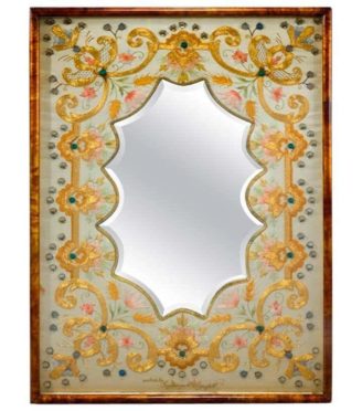 Embroidered Silk and Gold Thread Mirror Worked by Lady Margaret ED Campbell