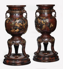A pair of Meiji period bronze vases with sparrows, c 1880. Ht 30in