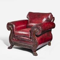 One of a pair of leather chairs, attrib. to Maple & Co, matching sofa available. English,c1905.