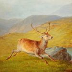 Jumping Deer on mountain wood painting