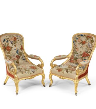 Victorian gilt wood and needlework arm chairs by Gillows,