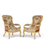Victorian gilt wood and needlework arm chairs by Gillows,