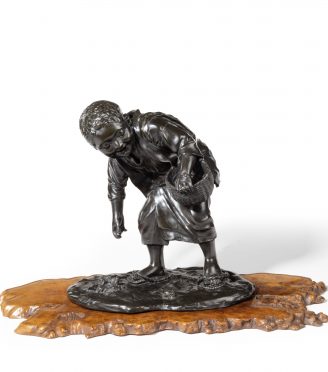 19th Century Meiji Period Bronze of a Boy Collecting Sweet Chestnuts by Seiya