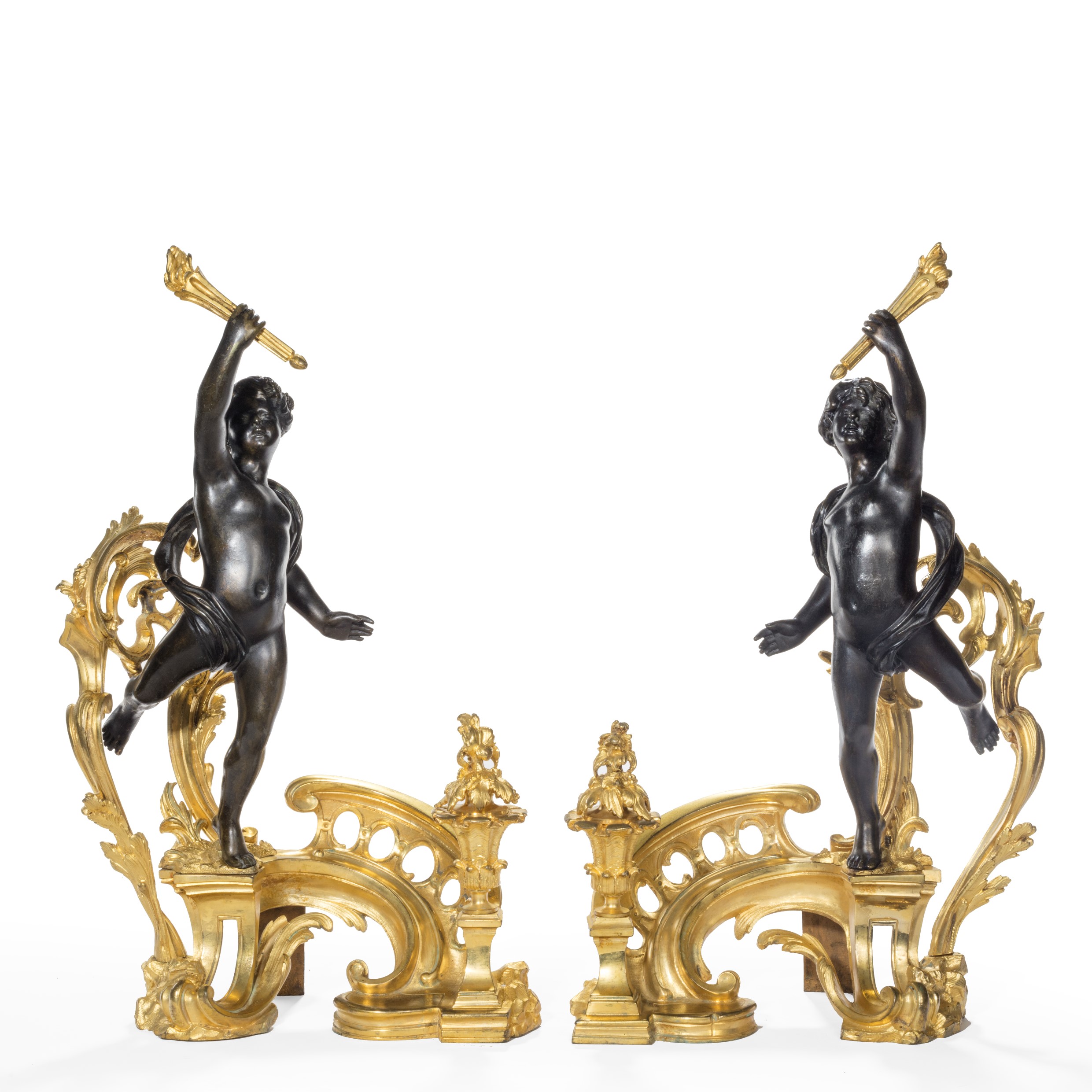 A pair of late 19th century ormolu and bronze chenets