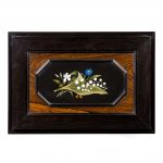 A fine quality ebony bijouterie table cabinet showing Cavalry Church, Stonington, Long Island back flowers