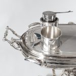 A large silver plate carving trolley or roast beef trolley by Erguis closeup