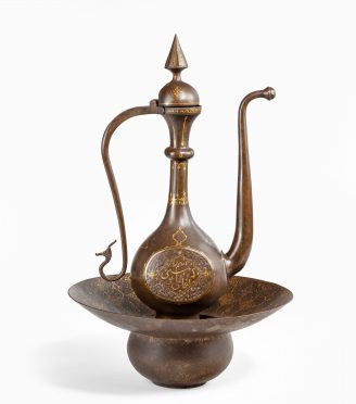 Qajar gold-damascened steel ewer and basin