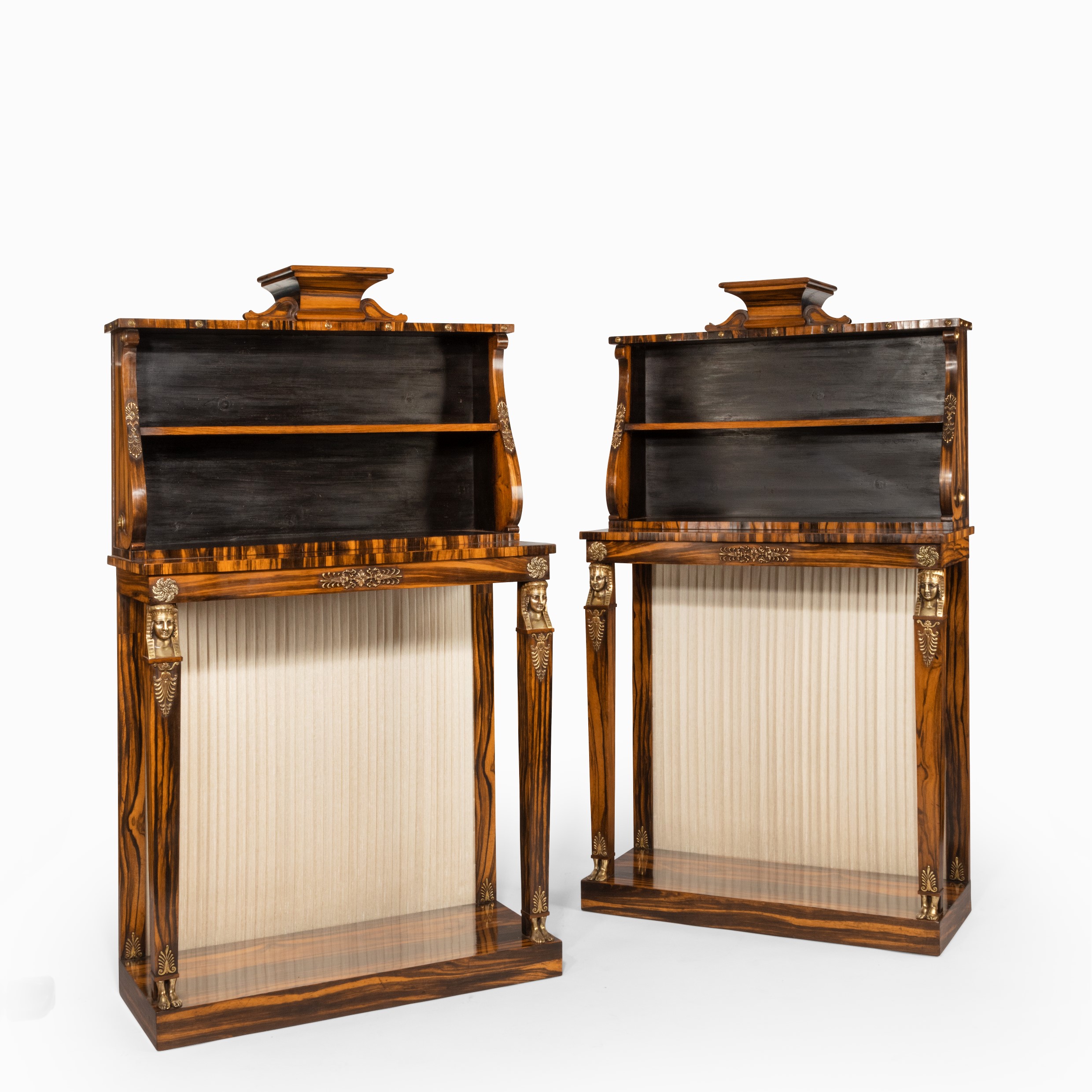 Regency coromandel and ormolu bookcase console tables in the style of Thomas Hope