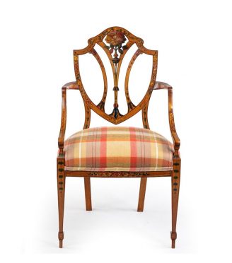 A late Victorian Sheraton revival painted satinwood arm chair front facing