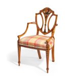 A late Victorian Sheraton revival painted satinwood arm chair front facing
