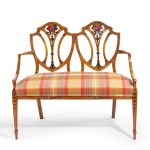 A late Victorian Sheraton revival painted satinwood two-seater settee top flower detail