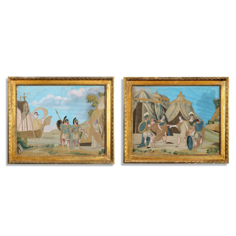 An unusual pair of Italian silk embroidery and gouache painted pictures