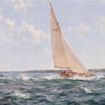 Montague Dawson: ‘Down Solent’ showing ‘Cohoe’, the 1950 Transatlantic Race winning yacht of K. Adlard Coles