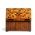 A Jamaican marquetry tea caddy in Caribbean woods by Ralph Turnbull top open