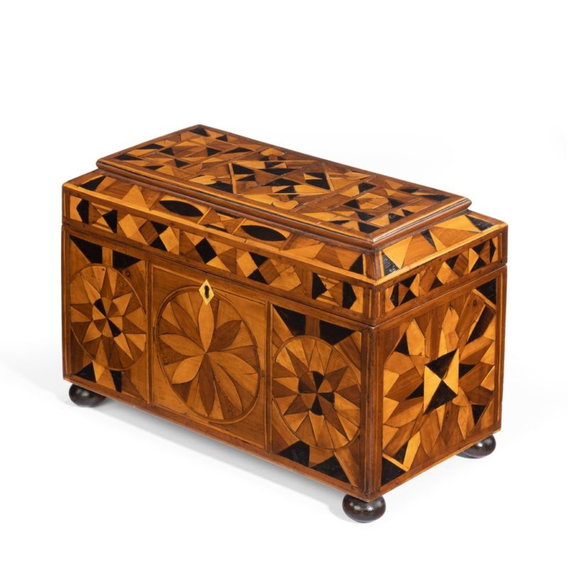 A Jamaican marquetry tea caddy in Caribbean woods by Ralph Turnbull