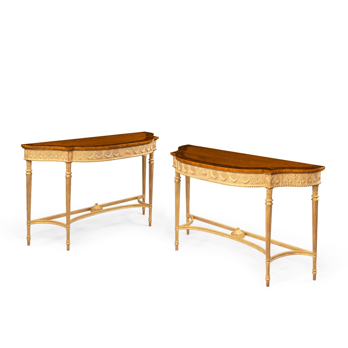 A pair of Victorian Hepplewhite style satinwood console tables