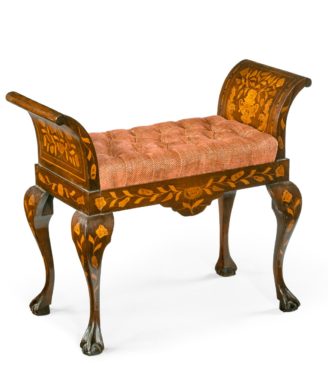A Dutch marquetry mahogany stool, of rectangular form with two high, outswept ends