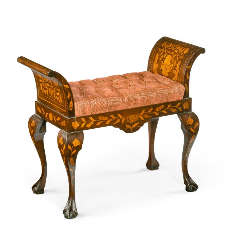 A Dutch marquetry mahogany stool, of rectangular form with two high, outswept ends