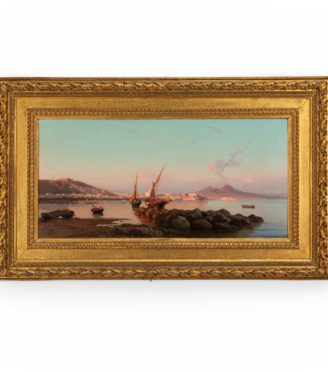 View of the Bay of Naples by Alessandro La Volpe, oil on relined canvas, signed & indistinctly dated 1877, in the original orientalist frame. Italian, 1877.