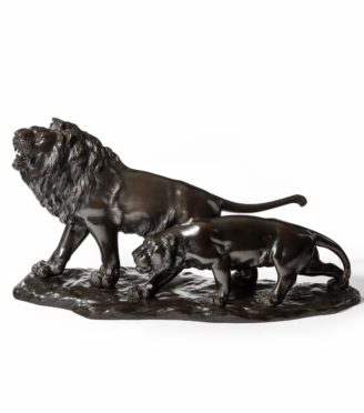 A Meiji period bronze study of a lion and lioness  