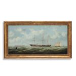 H.M.S. Topaze by George Mears, the three-masted frigate shown under steam with Royal Yacht Victoria and Albert II in the background on her bow, oil on canvas in a gilt wood frame. English, c 1860.