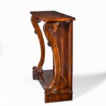 Pair of late Regency flame mahogany console tables side