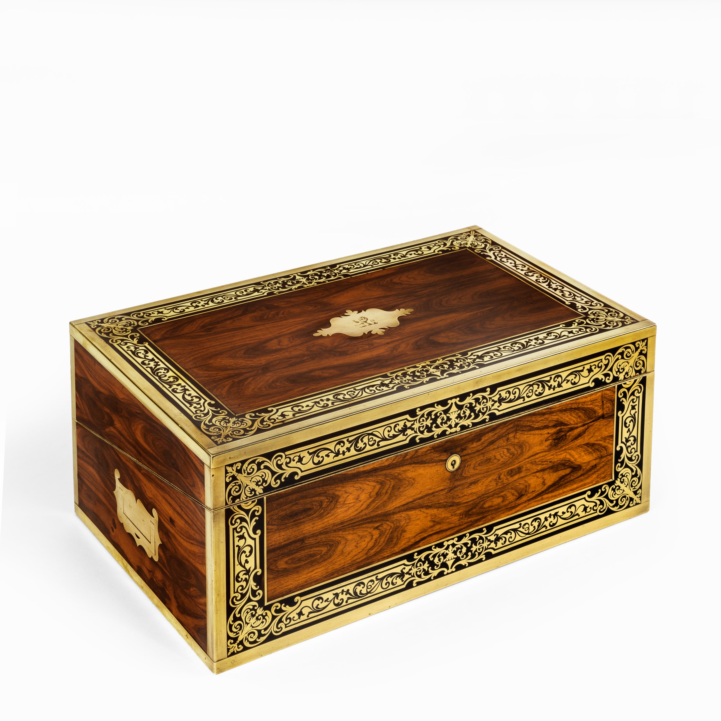 A superb William IV brass-inlaid kingwood writing box by Edwards