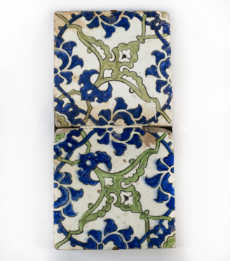 A panel of two square Ottoman Empire ‘Dome of the Rock’ tiles