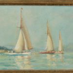 A pair of oil paintings of Clyde One Design yachts racing by Frank Henry Mason signed closeup
