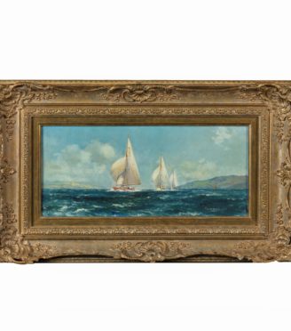 A pair of oil paintings of Clyde One Design yachts racing by Frank Henry Mason