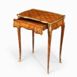 A delicate Napoleon III kingwood parquetry side table attributed to Sormani drawer open