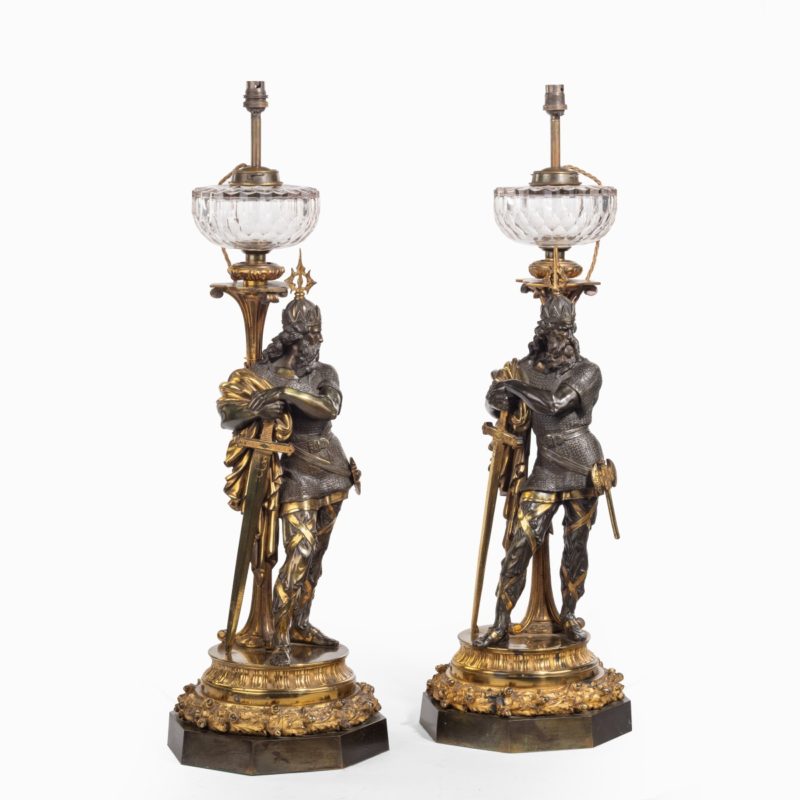 A very fine pair of mid-Victorian parcel gilt bronze oil lamps, by Hinks