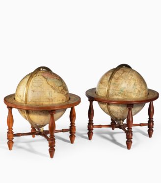 A pair of 12 inch table globes by Josiah Loring, dated 1844 and 1841
