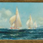 A pair of oil paintings of Clyde One Design yachts racing by Frank Henry Mason one of two