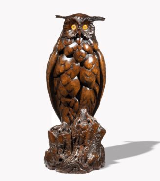 large Black Forest Lindenwood eagle owl attributed to Ruef Brothers