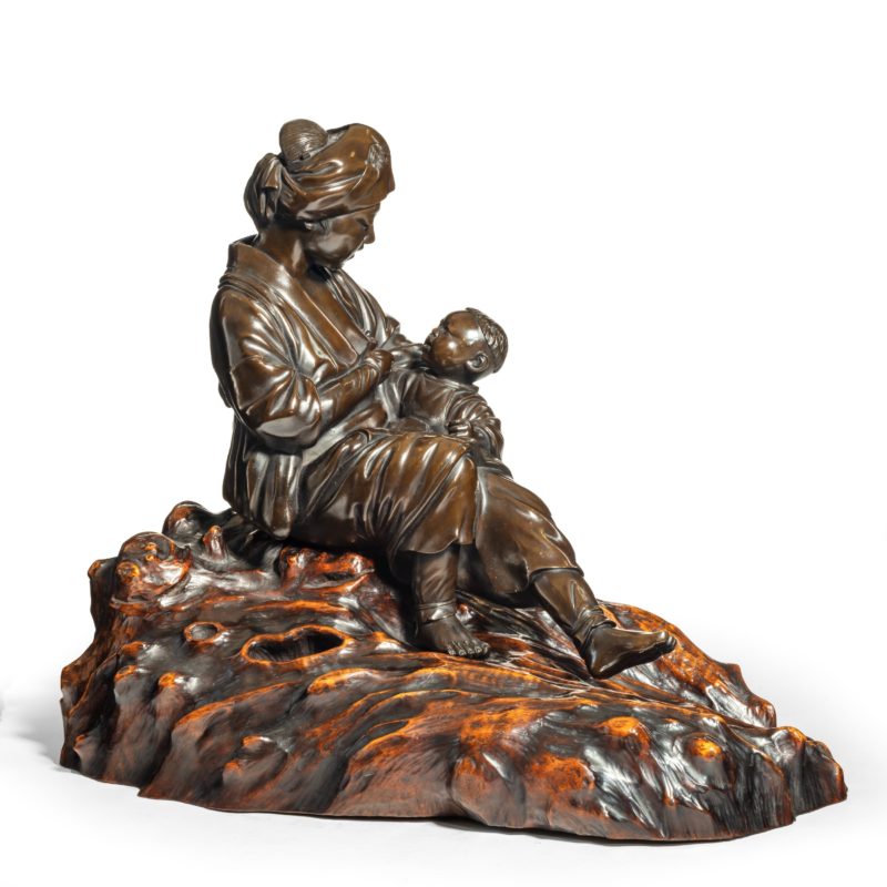 A Meiji period bronze sculpture of a mother and son by Atsuyosh