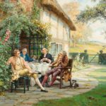 ‘Tea at the Vicarage’ by Margaret Dovaston, dated 1952, an oil painting showing four gentlemen having an earnest conversation over a cup of tea on a terrace outside a cottage garden, Margaret Dovaston, dated 1952. English. H 20in W 27 in £14,500 Margaret Isabel Dovaston (1884 – 1954) was a British artist who became particularly well known for her historical genre scenes, often depicting groups in Georgian costume. In the course of her education, she was taught by Thomas William Cole at the Ealing School of Art and Arthur Stockdale Cope at the South Kensington School of Art. Her crowning achievement was winning a five-year scholarship the to the Royal Academy Schools (1903-1908) where she won many medals. She exhibited at the Royal Academy (1908 and 1910) and helped set up The Ealing Art Guild (1911)