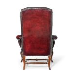 A pair of George I style walnut wing arm chairs, each of typical form with a high back, scroll arms and separate seat cushion, set on four cabriole legs with shaped square section stretchers, reupholstered in distressed burgundy leather. English, circa 1895