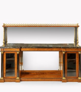 A late Regency portoro marble topped amboyna side cabinet