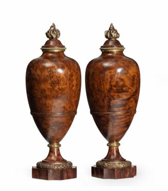 A pair of Napoleon III Moroccan burr thoya wood urns,