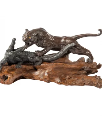 Unusual Meiji Period Bronze of a Tiger and an Alligator by Genryusai Seiya
