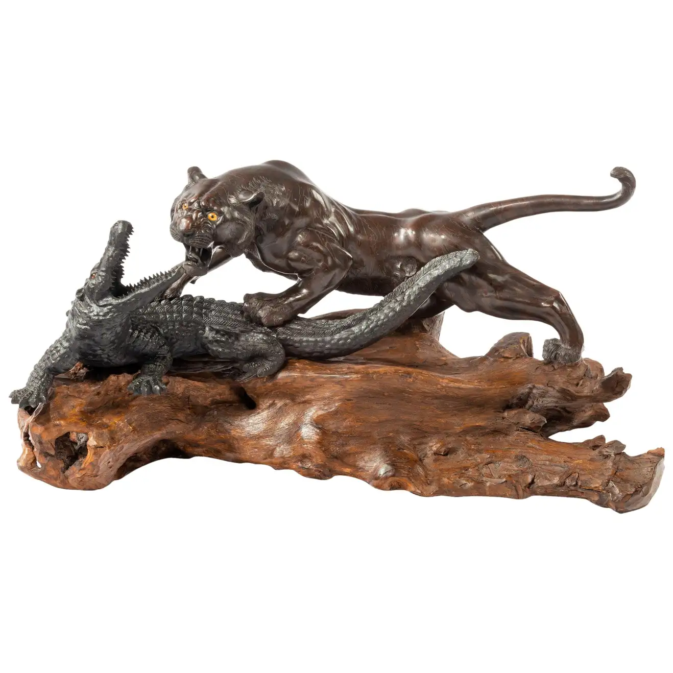 Unusual Meiji Period Bronze of a Tiger and an Alligator by Genryusai Seiya