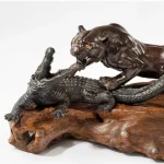 Unusual Meiji Period Bronze of a Tiger and an Alligator Genryusai Seiya