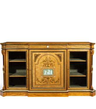 A Victorian satinwood breakfront side cabinet with Wedgwood plaques attributed to Dyer and Watts