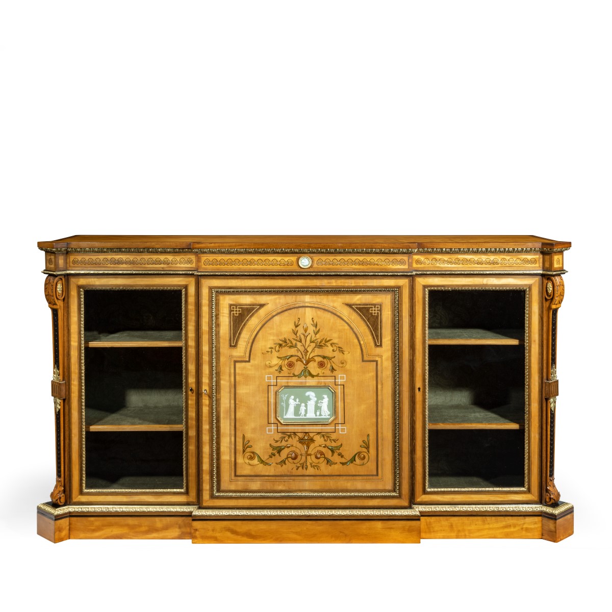 A Victorian satinwood breakfront side cabinet with Wedgwood plaques attributed to Dyer and Watts