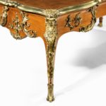 corner details of Louis XV-style mahogany bureau plat after a model by Jacques B. Dubois, from the estate of Phyllis McGuire