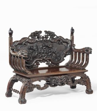 An ornamental Meiji period two-seater hall bench
