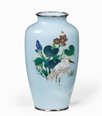 A small light blue cloisonne enamel vase with an egret,
